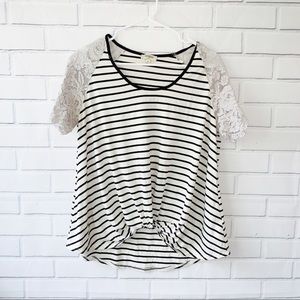 Umgee Black and White Striped Knotted Tee Lace